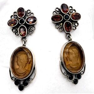 Vintage Steampunk Carved Integlio Silver Citrine and Amber Resin Earrings